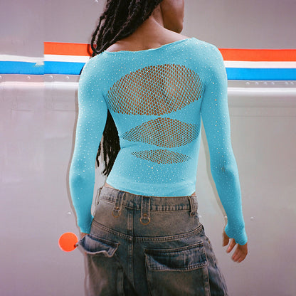 Women's High Elastic Knitted Sheer Long Sleeve Hollow Rhinestone Jumpsuit