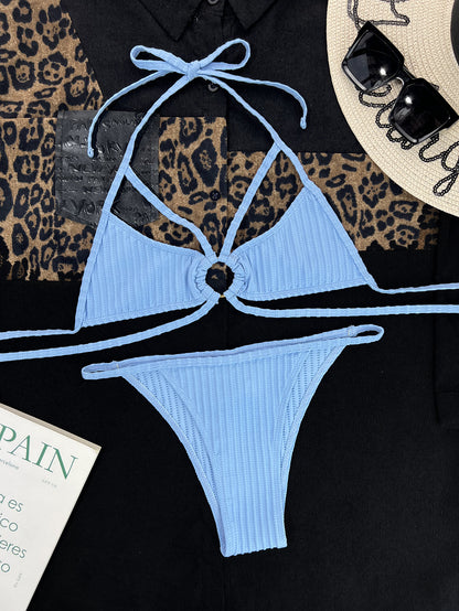 Split Swimsuit Solid Color Lace-up Halter Ring Sexy