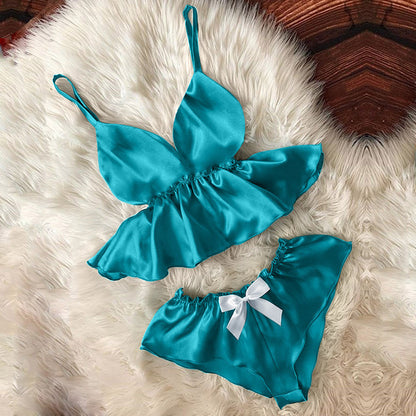 Lencería sexy para mujer, ropa de dormir, camisola, pantalones cortos con lazo, cuello en V