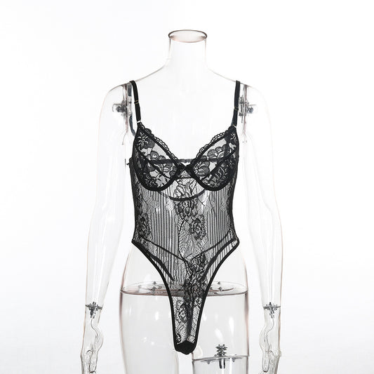 Body en maille avec coutures en dentelle, lingerie sexy