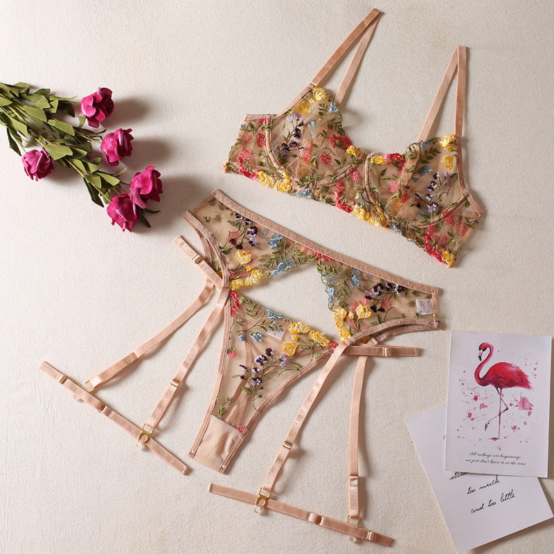 Ellolace Lingerie Sensuelle Sous-vêtements en dentelle Broderie transparente Jarretières 3 pièces