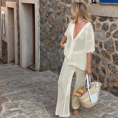 Solid Color Sexy Knitted Hollow Beach Bikini Swimsuit Outwear Suit