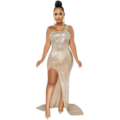 Nightclub Hot Rhinestone Single Sling Slit Long Skirt Dress
