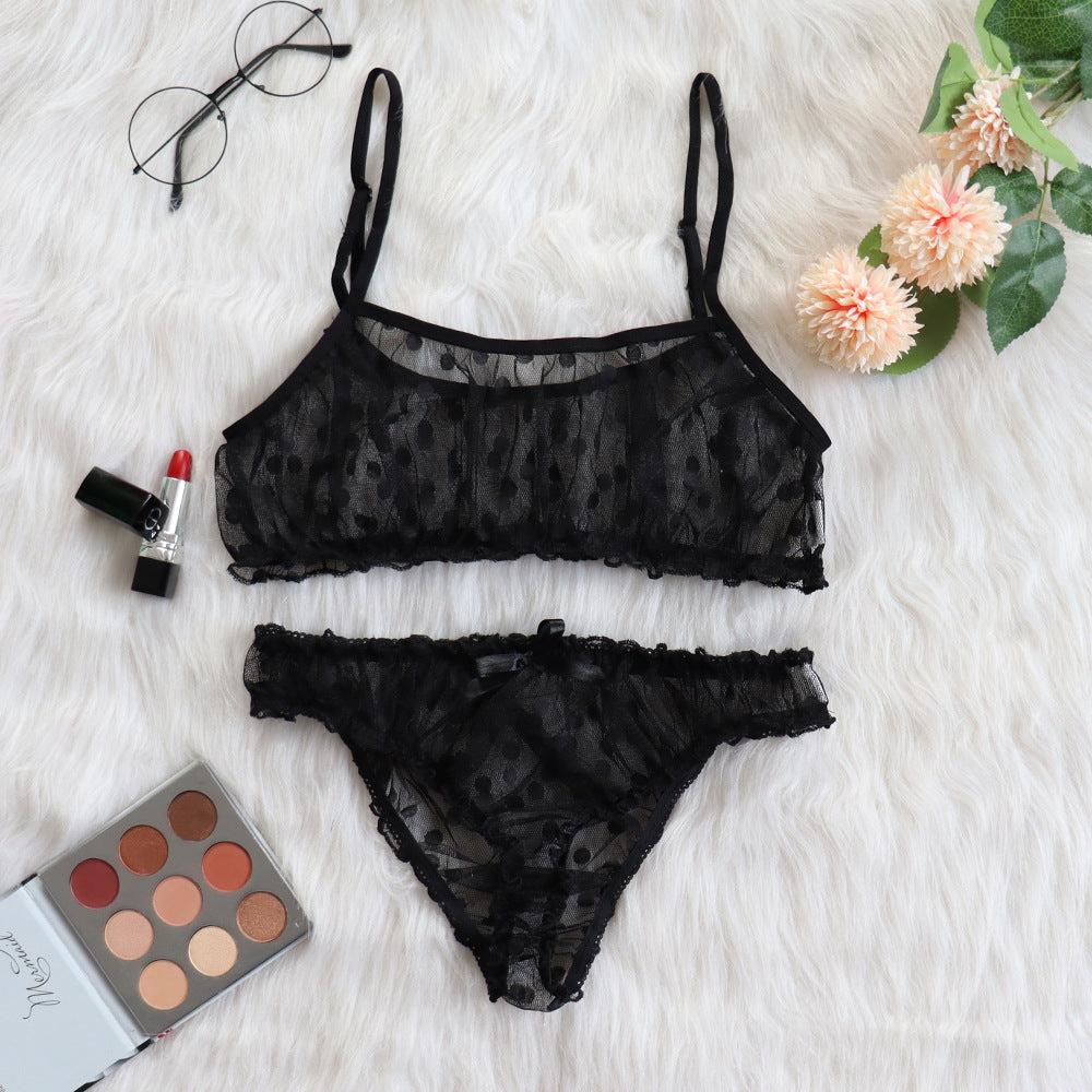 Lencería sexy con volantes transparentes de lunares y rocío