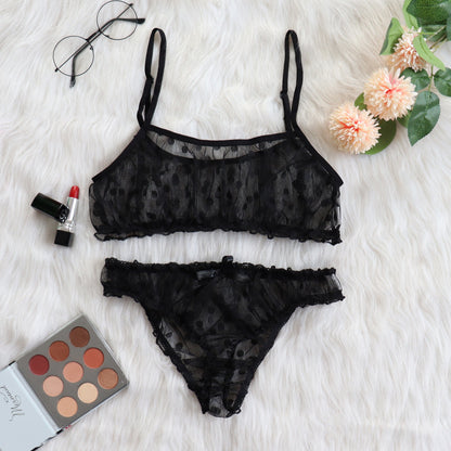 Lencería sexy con volantes transparentes de lunares y rocío
