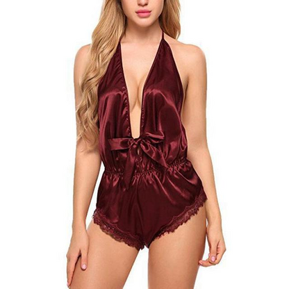 Ropa de dormir de lencería de seda satinada de encaje sexy