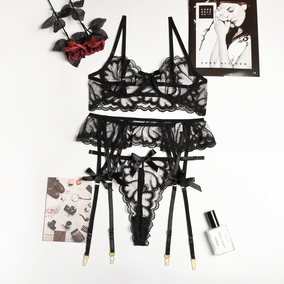 Sexy Black Transparent Mesh Lace Garter Three Piece Set