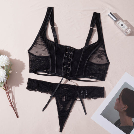 Black Sexy Two Piece Suit Lace Up Steel Ring Cross Sexy Lingerie Body Shaping Two Piece Suits