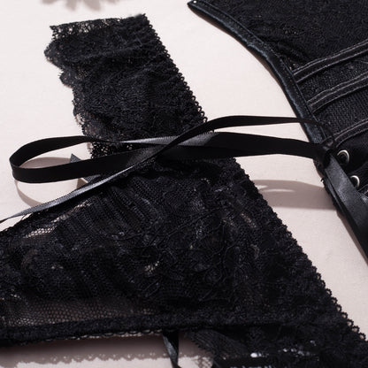 Black Sexy Two Piece Suit Lace Up Steel Ring Cross Sexy Lingerie Body Shaping Two Piece Suits