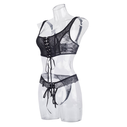 Black Sexy Two Piece Suit Lace Up Steel Ring Cross Sexy Lingerie Body Shaping Two Piece Suits