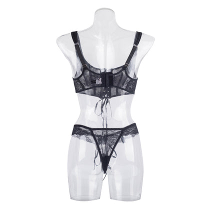 Black Sexy Two Piece Suit Lace Up Steel Ring Cross Sexy Lingerie Body Shaping Two Piece Suits