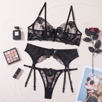 Sexy Sling Steel Ring Transparent Tempting Three Piece Embroidered Sexy Lingerie Body Shaping Two Piece Suits