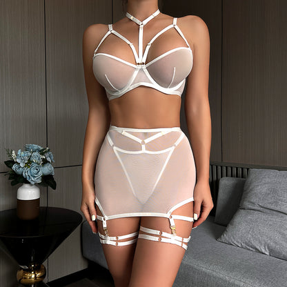 Sexy Lingerie Three Piece Set Mesh with Steel Bracket Stitching Sexy Clothes
