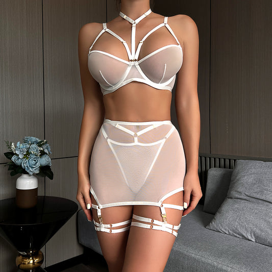 Sexy Lingerie Three Piece Set Mesh with Steel Bracket Stitching Sexy Clothes