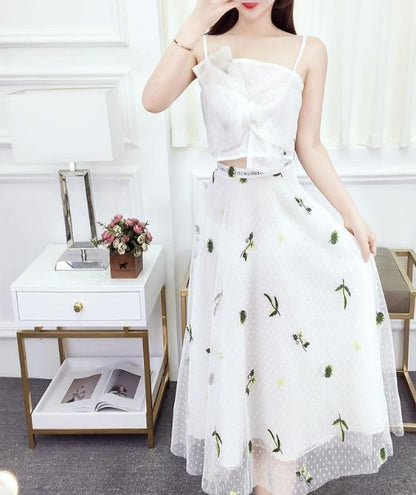 Summer new style temperament sexy sling top printing mesh long section slim skirt set
