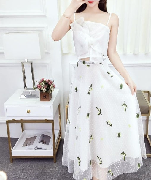 Summer new style temperament sexy sling top printing mesh long section slim skirt set