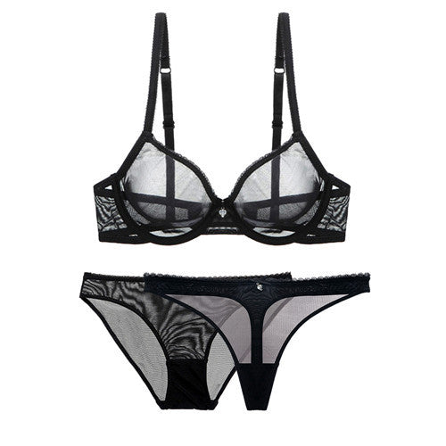 Underwear Ultra Thin Transparent Mesh Bra Set plus Transparent Sexy T Shaped Panties 3 Piece Set