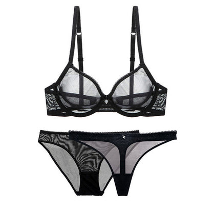 Underwear Ultra Thin Transparent Mesh Bra Set plus Transparent Sexy T Shaped Panties 3 Piece Set