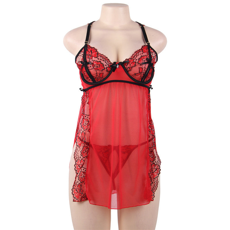 Plus Size Sexy Lingerie Sexy Cutout See through Lace Seduction Halterneck with Suspenders Nightdress