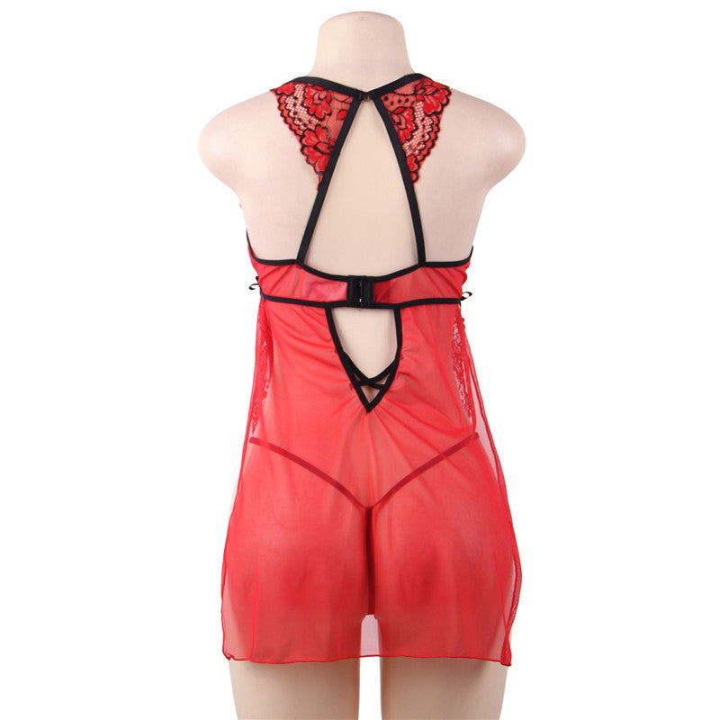Plus Size Sexy Lingerie Sexy Cutout See through Lace Seduction Halterneck with Suspenders Nightdress