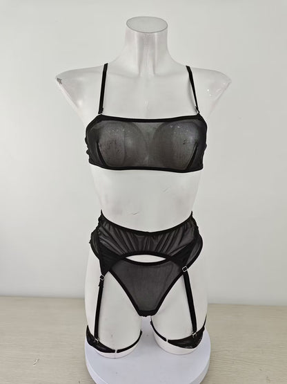 Sexy Translucent Solid Color Mesh Three Bikini Sexy Lingerie Set