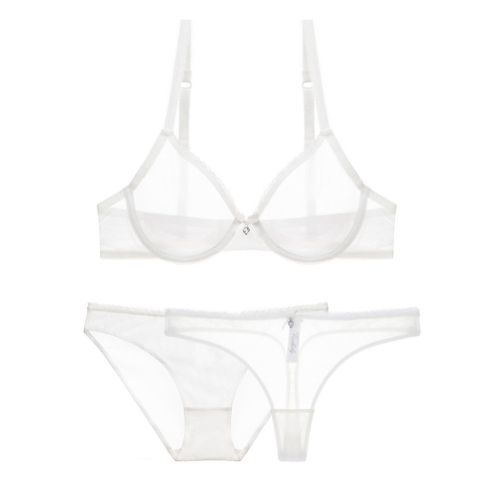 Underwear Ultra Thin Transparent Mesh Bra Set plus Transparent Sexy T Shaped Panties 3 Piece Set