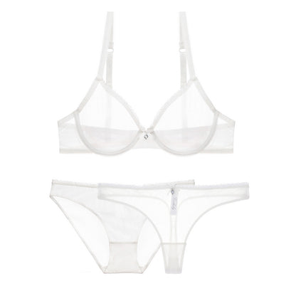Underwear Ultra Thin Transparent Mesh Bra Set plus Transparent Sexy T Shaped Panties 3 Piece Set