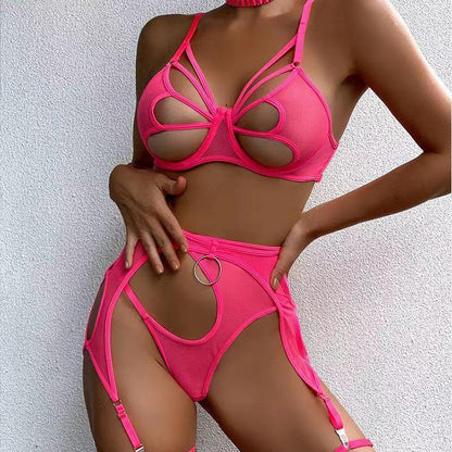 Lencería sexy Conjunto de cuatro piezas con costuras de cordón recortadas sexy
