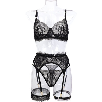 Blue Charming Personality Leg Ring Lace French Thin Transparent Sexy Lingerie Three Or Four Piece Set