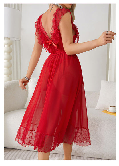 Chemise de nuit Sexy à pois, robe princesse caraco d'été pour femmes, pyjama privé en maille, dos nu, vêtements d'extérieur