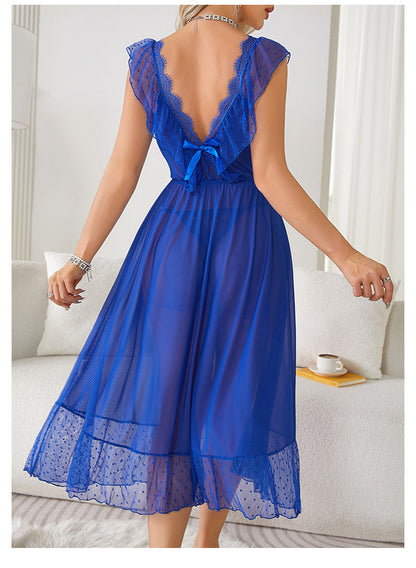 Chemise de nuit Sexy à pois, robe princesse caraco d'été pour femmes, pyjama privé en maille, dos nu, vêtements d'extérieur