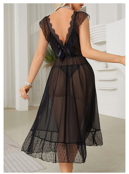 Chemise de nuit Sexy à pois, robe princesse caraco d'été pour femmes, pyjama privé en maille, dos nu, vêtements d'extérieur