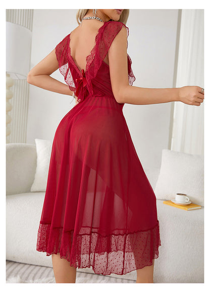 Chemise de nuit Sexy à pois, robe princesse caraco d'été pour femmes, pyjama privé en maille, dos nu, vêtements d'extérieur