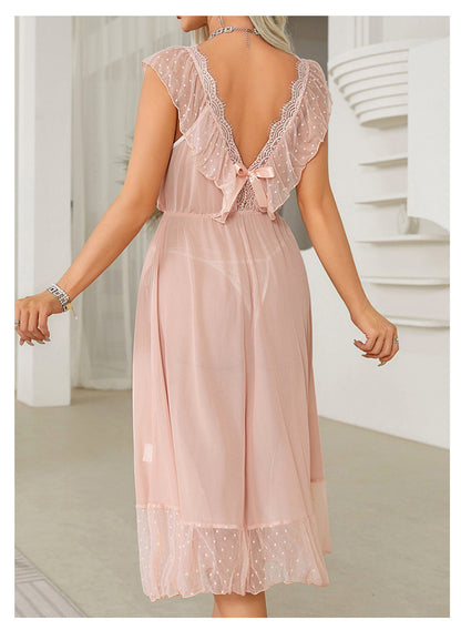 Chemise de nuit Sexy à pois, robe princesse caraco d'été pour femmes, pyjama privé en maille, dos nu, vêtements d'extérieur