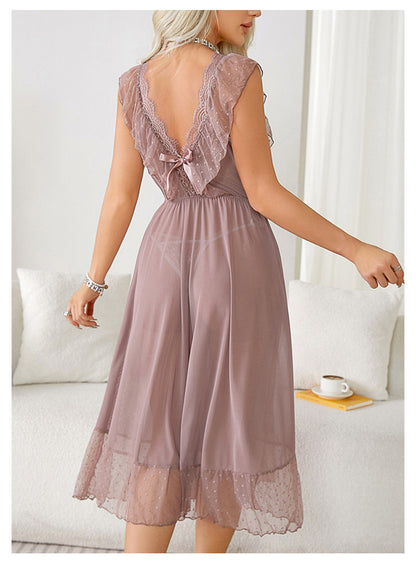 Chemise de nuit Sexy à pois, robe princesse caraco d'été pour femmes, pyjama privé en maille, dos nu, vêtements d'extérieur