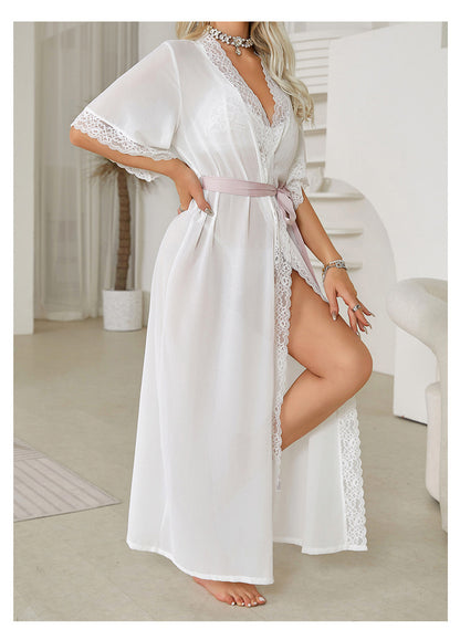 Chemise de nuit Sexy en mousseline de soie, peignoir Long, pyjama pour femmes, manches longues, dentelle, couture en Satin, vêtements de maison