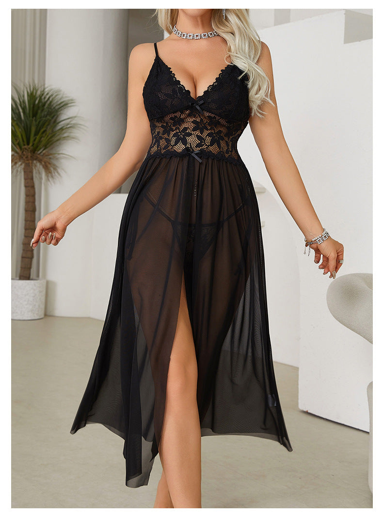 Sexy Lingerie Sexy Mesh Lace Pajamas Split Suspender Skirt Long Home Wear Nightdress