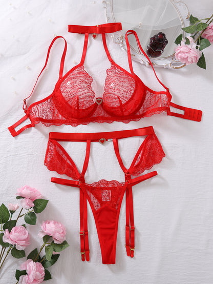 High Quality Bra Complex Craft See through Embroidery Love Embellished Sexy Underwear Three Piece Set