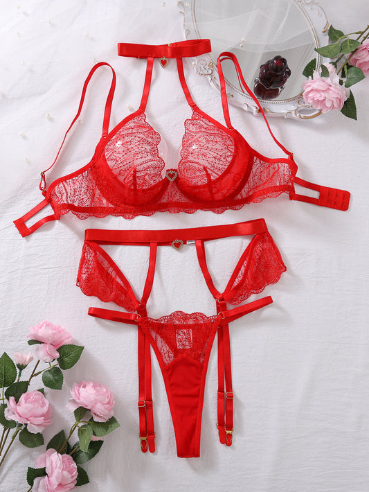 High Quality Bra Complex Craft See through Embroidery Love Embellished Sexy Underwear Three Piece Set