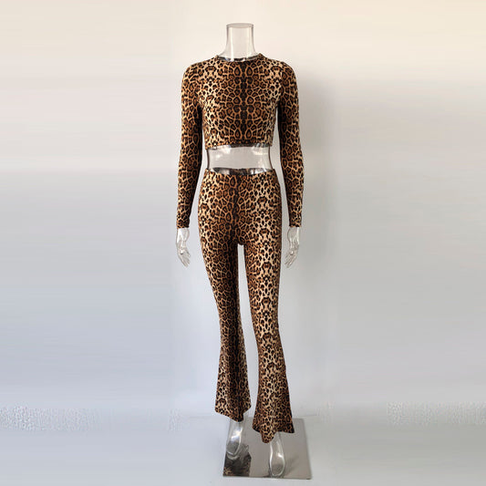 Ensemble pantalon évasé sexy léopard ras du cou
