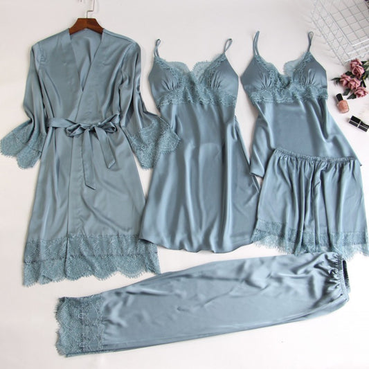 Pyjama cinq pièces pour femme, chemise de nuit sexy en dentelle avec coussinet de poitrine