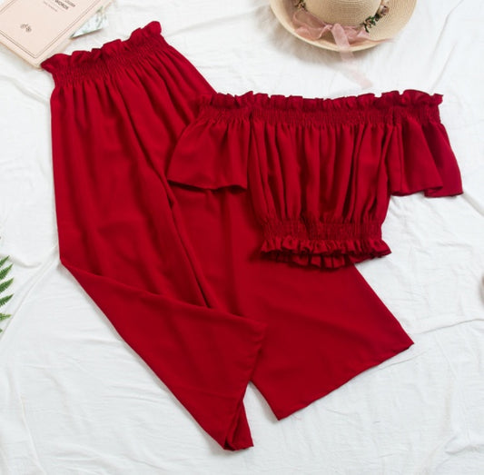 Nouvelle plage deux pièces ensembles vêtements femmes Sexy Slash cou haut court avec pantalon ample costumes été femme 2 pièces ensemble Feminino 