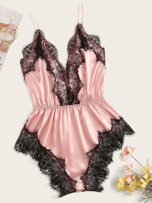 Plus Size Lace Satin Pajamas Summer Sexy V-neck Strap Home Womens Underwear Sexy Sleepwear