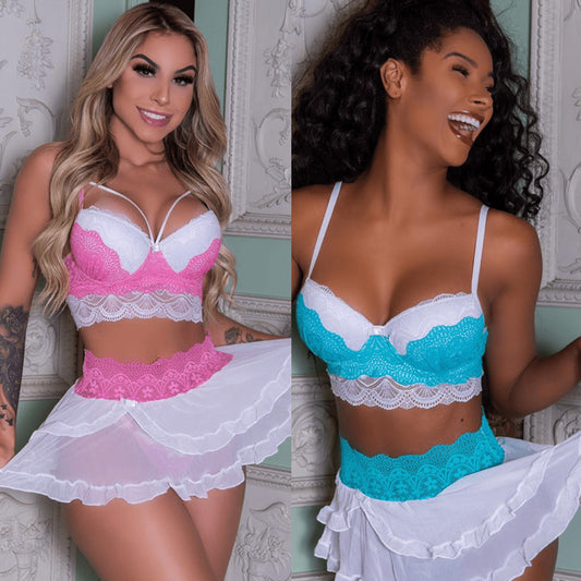 Lingerie Sexy pour femmes, robe pyjama, nuisette, string, ensemble de soutien-gorge en dentelle