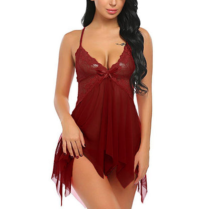 Sling Lencería sexy Lado de encaje V profundo Traje de perspectiva de pijama sexy