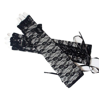 Long Half-Finger Lace Tie Ribbon Rivet Gloves