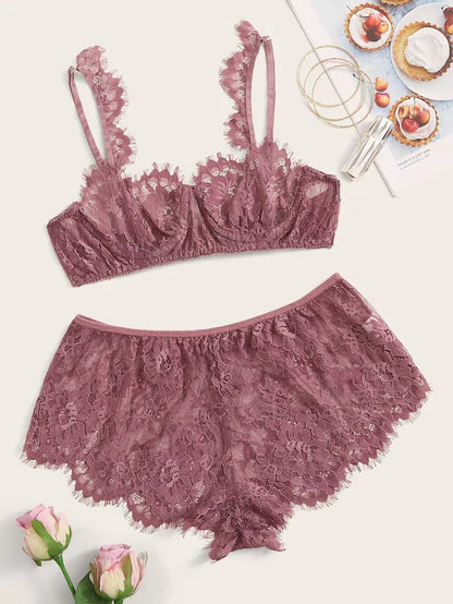 Eyelash Lace Tube Top Thin Wireless Non Convex Perspective Bra Set Sexy Lingerie for Women