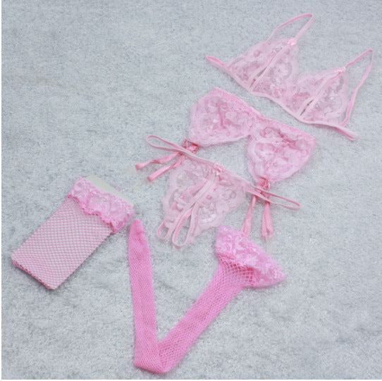 Traje sexy de tres puntos Lencería sexy con archivo abierto de encaje sexy