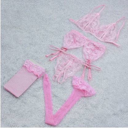 Traje sexy de tres puntos Lencería sexy con archivo abierto de encaje sexy