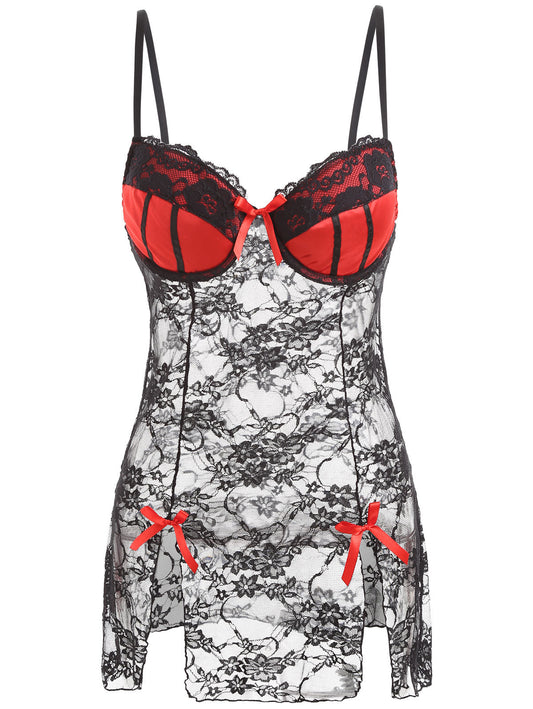 Lencería sexy Conjunto de pijama transparente con espalda abierta Camisón hueco de encaje